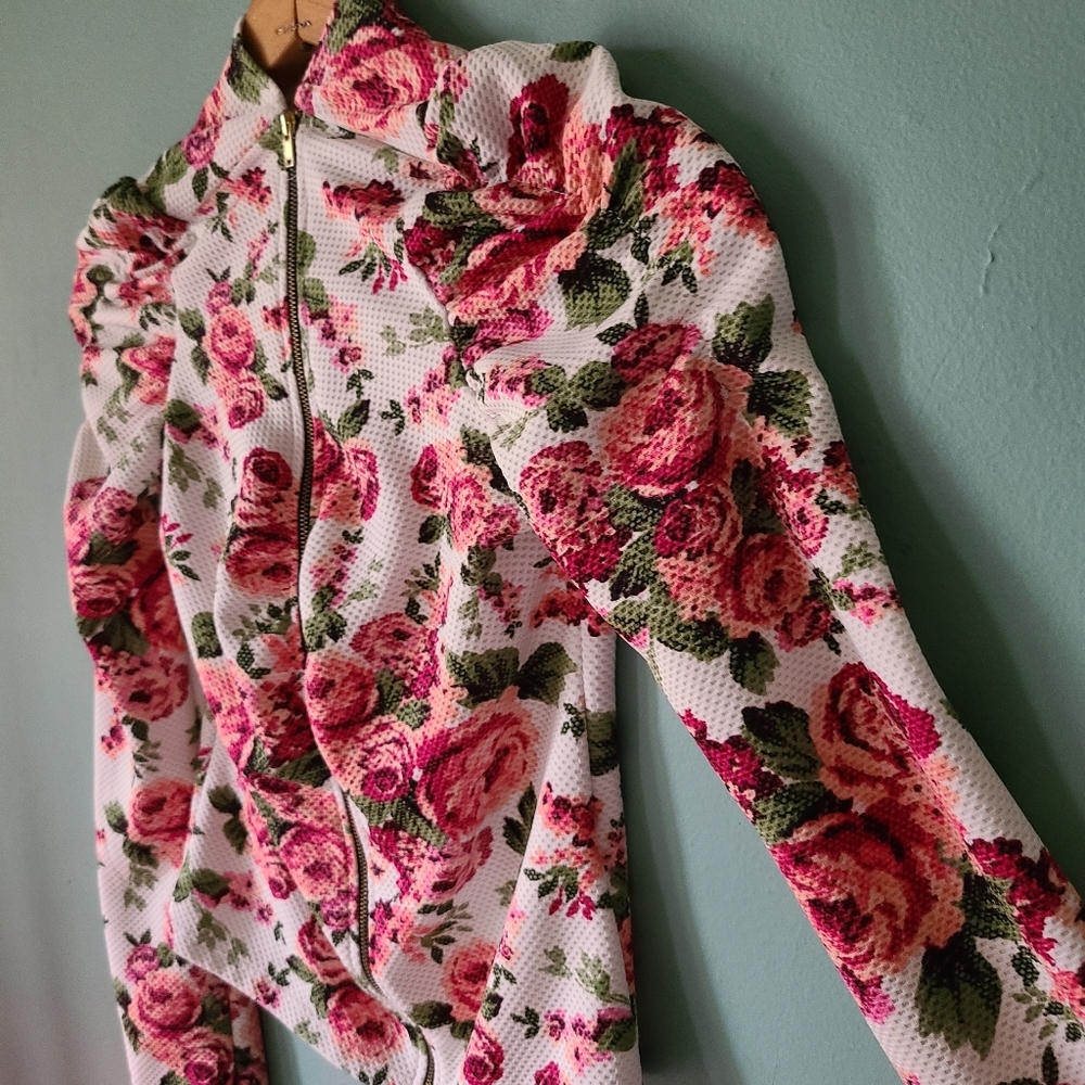 English Rose floral long sleeve zip front Top small, ROLYPOLY - Picture 4 of 7